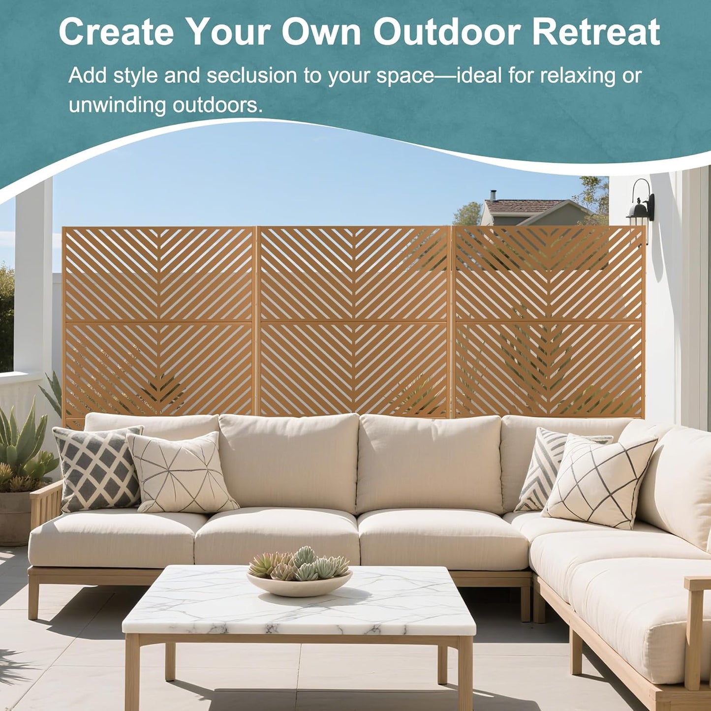 Metal Privacy Screen Outdoor Freestanding Privacy Wall Panels and Decorative Patio Dividers,Crafted from Steel with Sun-Proof Design, Ideal for Patio, Deck, Garden,72" H×47" L,（Brown&Parallel-VerdiqueGarden