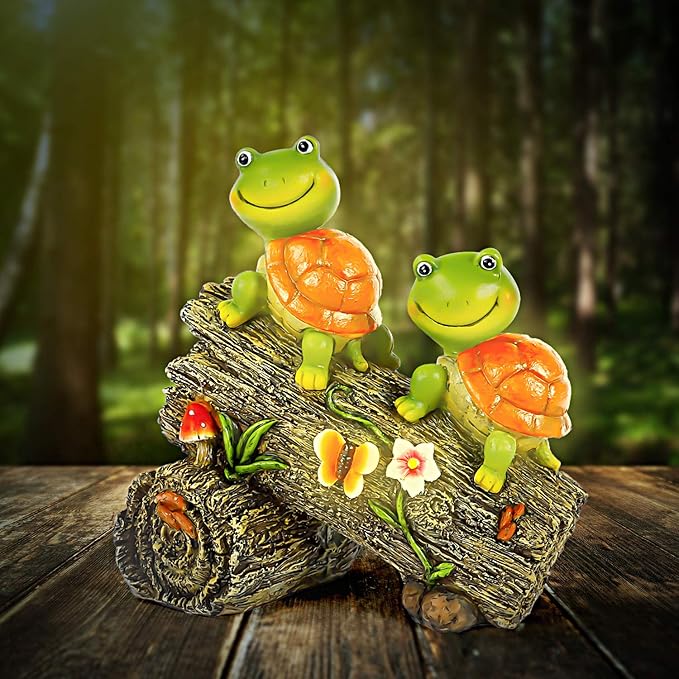 Garden Turtle Figurines Outdoor Decorations, Solar Powered Sweet Frog Face Turtles Resin Statue with 4 LED Lights, Garden Art Spring Fall Winter Christmas Decor for Patio Lawn Yard-VerdiqueGarden