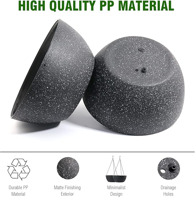 10 inch Hanging Planters for Outdoor Indoor Plants with Drainage Holes and Chain, 2 Pack Round Hanging Flower Pots for Garden Home Porch Decor, Speckled Black-VerdiqueGarden