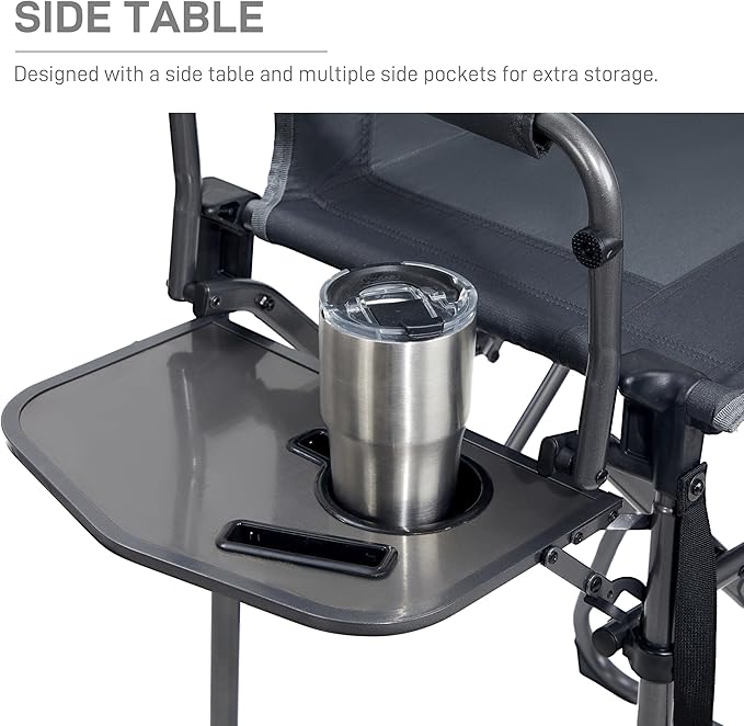EVER ADVANCED Portable 30.7" Seat Height Tall Folding Camping Chair Directors Chair High Foldable Bar Stool with Side Table for Makeup Artist, Sports Event, Craft Show, Supports 350LBS Grey-VerdiqueGarden