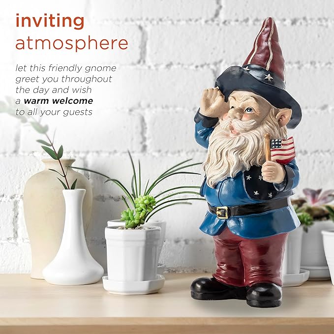 Alpine Corporation 12" Tall Outdoor Patriotic Garden Gnome Saluting Yard Statue Decoration-VerdiqueGarden