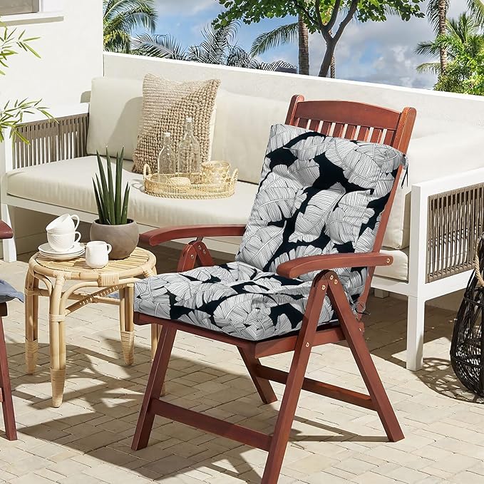 LVTXIII Outdoor Tufted Seat Cushions, Solid Seat and Back Chair Cushion with Ties, Patio Replacement Rocking Chair Cushion for Outdoor Furniture Use, 21 W x 21D, 2 Pack, Black Lush Leaf Jungle-VerdiqueGarden