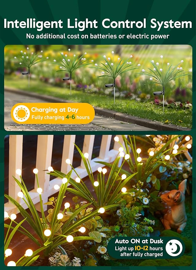 4 Pack 48 LED Solar Firefly Lights with Leaves, Solar Garden Lights Outdoor Decoration with 2 Lighting Modes, Waterproof Solar Outdoor Lights Decorative, Solar Lights for Outside Pathway, Warm White-VerdiqueGarden