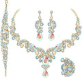 Crystal Bridal Wedding Jewelry Sets for Women Rhinestone Teardrop Crystal Statement Choker Necklace Drop Earrings Link Bracelets Rings Teardrop Jewelry Set for Brides Bridesmaids