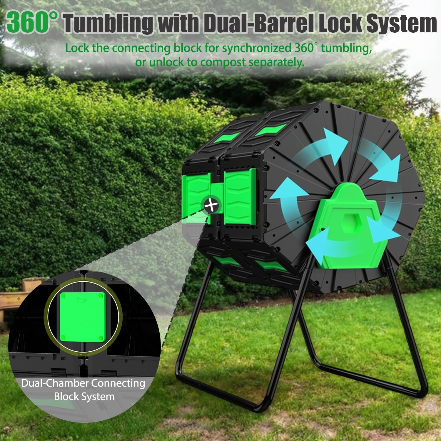 Compost Bin Outdoor, 45Gallon Dual Chamber Composter Large Composting Bin, 360° Rotating Compost Bin, BPA-Free Fast-Working Tumbling Compost Barrel, Kitchen Garden Composter Tumbler (Green)-VerdiqueGarden