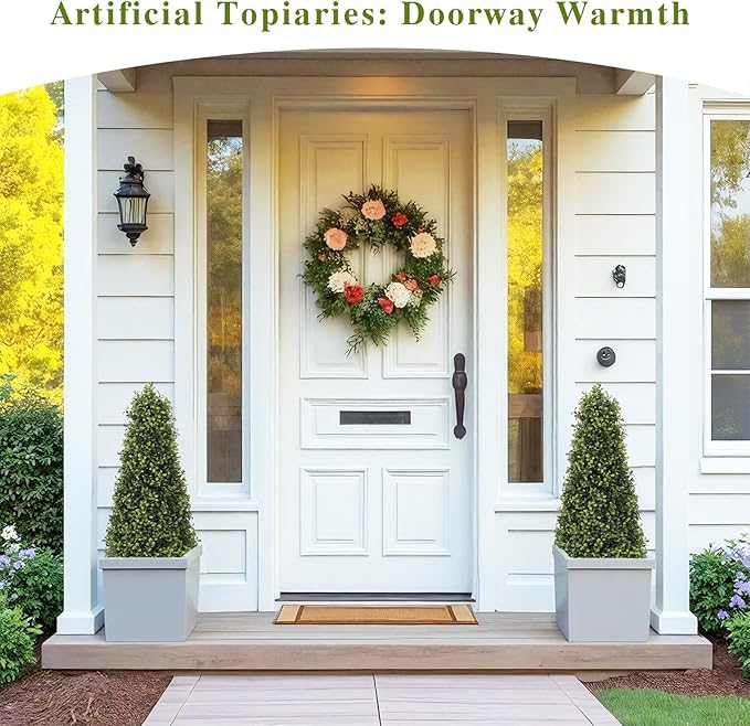 3ft Artificial Boxwood Topiary Trees (Set of 2) - UV Resistant Faux Plants Outdoor, Realistic 36in Fake Cone Bushes and Shrubs for Front Porch, Planter, Patio - Low Maintenance & Evergreen-VerdiqueGarden