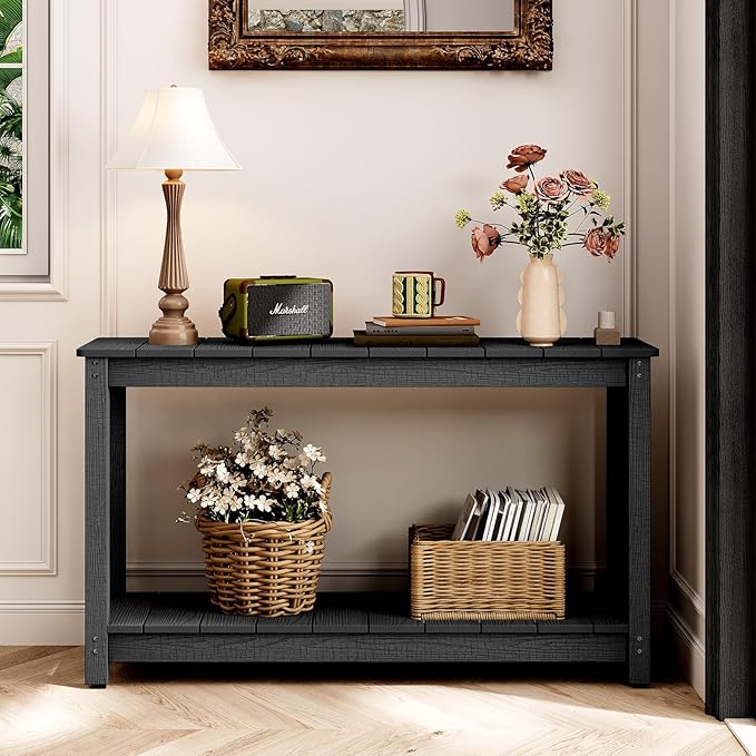 Outdoor Console Table, 48" Weather Resistant HIPS Patio Side Table, 440LBS Weight Capacity, 2-Tier Multifunctional Buffet Bar Storage Organizer for Garden Deck, Black-VerdiqueGarden