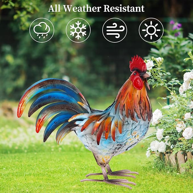 Metal Rooster Decor Garden Statue,Yard Chicken Decorations Outdoor Sculpture for Backyard Patio Kitchen Lawn Ornaments,Birthday for Women Mom-VerdiqueGarden