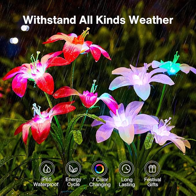 Solar Garden Lights Outdoor, 8 Pack Blooming Lily Solar Flowers Outdoor Waterproof, 7 Color Changing Bigger Flower Lights for Yard Patio Decor, Gift for Mom-VerdiqueGarden