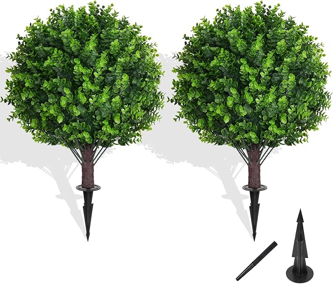 Artificial Topiary Tree with Eucalyptus, Set of 2 Artificial Shrub Bushes with Ground Spike, Fake Evergreen Tree for Porch, Artificial Plants for Outdoor Planters Indoor UV Resistant-VerdiqueGarden
