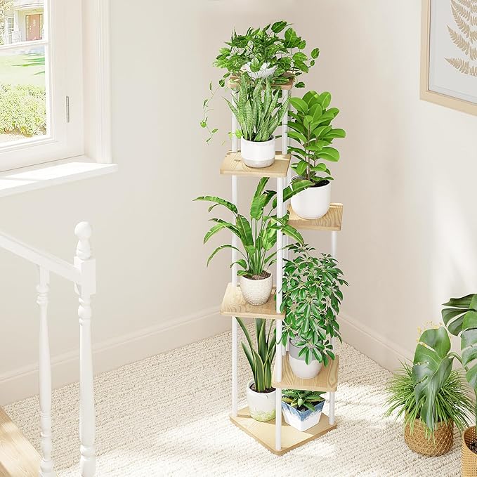 Bamworld Tall Plant Stand Indoor, 6 Tier Metal Plant Shelf for Multiple Plants, Corner Tiered Flower Stand for Patio Garden Balcony Living Room Bedroom(White)-VerdiqueGarden