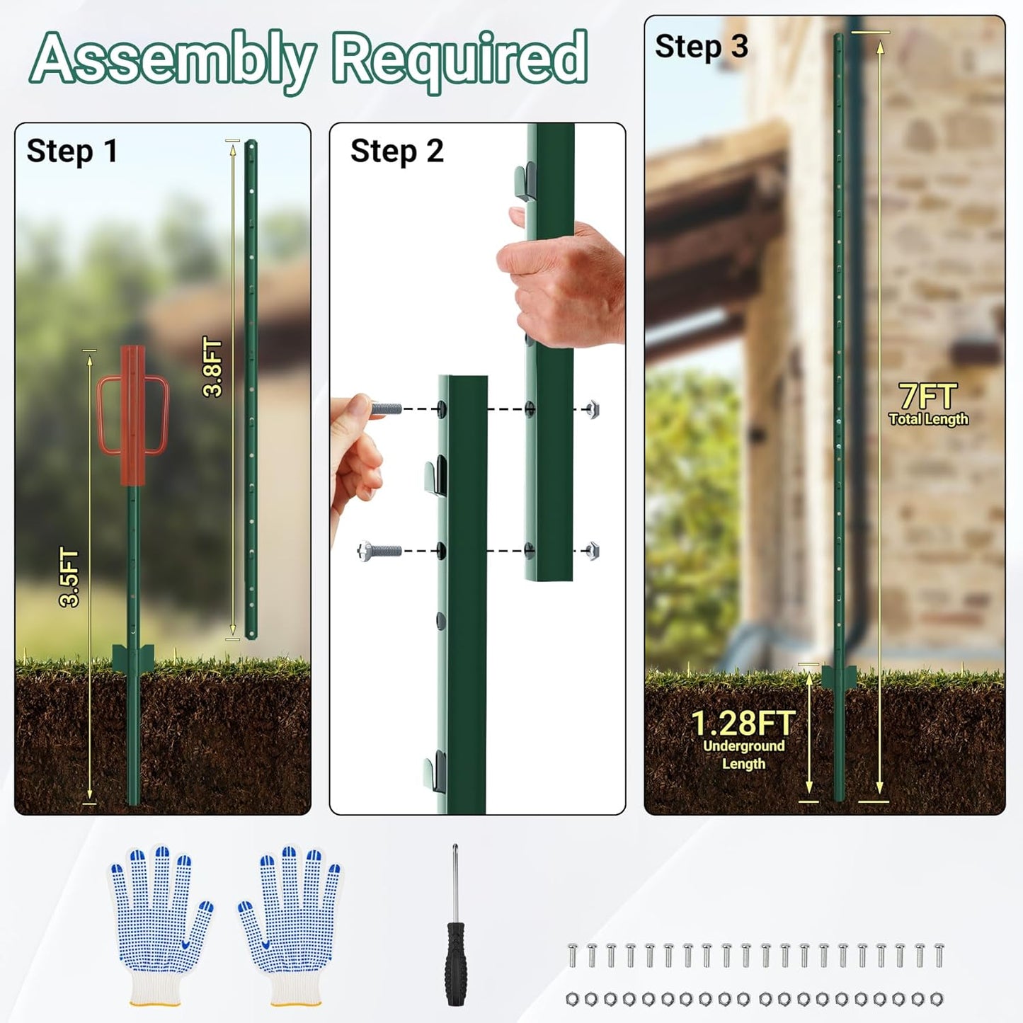 Fence Posts 7 Ft - 16 Pack, Requires Manual Assembly, Heavy Duty Metal Fence Post, No Dig U Post for Farm, Garden, Orchard and Outdoor Wire Fencing (Green)-VerdiqueGarden