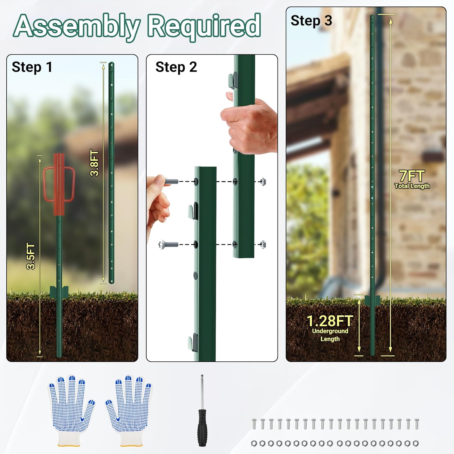 Fence Posts 7 Ft - 16 Pack, Requires Manual Assembly, Heavy Duty Metal Fence Post, No Dig U Post for Farm, Garden, Orchard and Outdoor Wire Fencing (Green)-VerdiqueGarden
