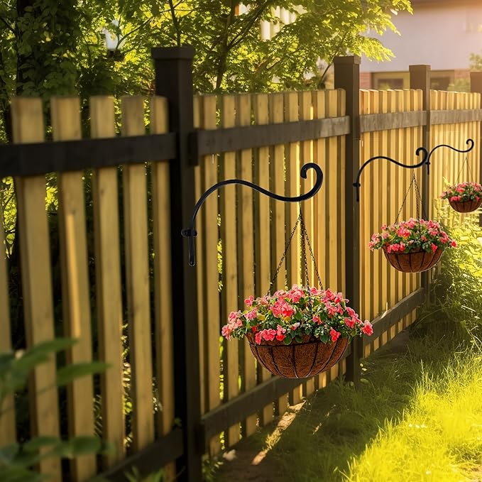 Hourleey 2 Pack Plant Hanger Outdoor, 12 Inch Heavy-Duty Hanging Plant Hook for Outside Basket, Black Metal Wall Mount Plant Bracket Hook for Flower Baskets Bird Feeder-VerdiqueGarden