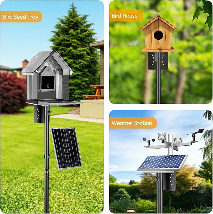 Bird House Pole Kit, Heavy-Duty Adjustable Pole for Outdoors with 5 Prongs Base,Metal Universal Support Pole for Bird Feeders,Solar Pannel,Black-VerdiqueGarden