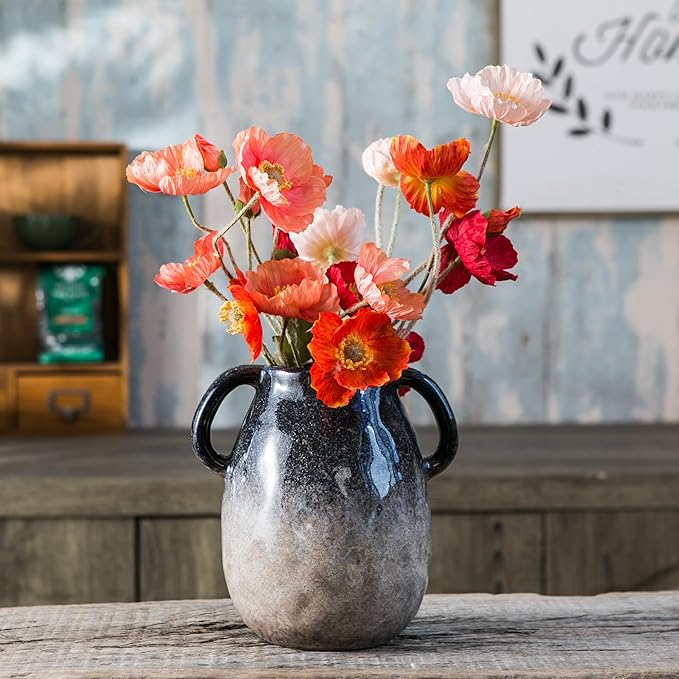 Blue Gradient Ceramic Vase with 2 Handles, Modern Farmhouse Decor, Rustic Terracotta Pottery, Decorative Clay Flower Vase, Centerpiece for Dining Table - 7 Inch-VerdiqueGarden