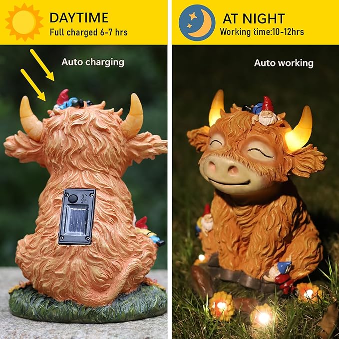 Solar Garden Statue Highland Cow Figurine with Funny Gnomes Garden Outdoor Decor for Yard Patio Lawn Christmas Housewarming Gifts for Women,Mom,Grandma-VerdiqueGarden