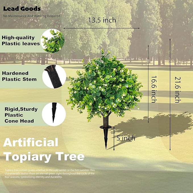 Artificial Boxwood Topiary Ball Trees 21.6" Tall UV Resistant Artificial Bushes, Set of 2 Faux Plants with Spike Easy to Push in The Ground for Indoor Outdoor Garden-VerdiqueGarden