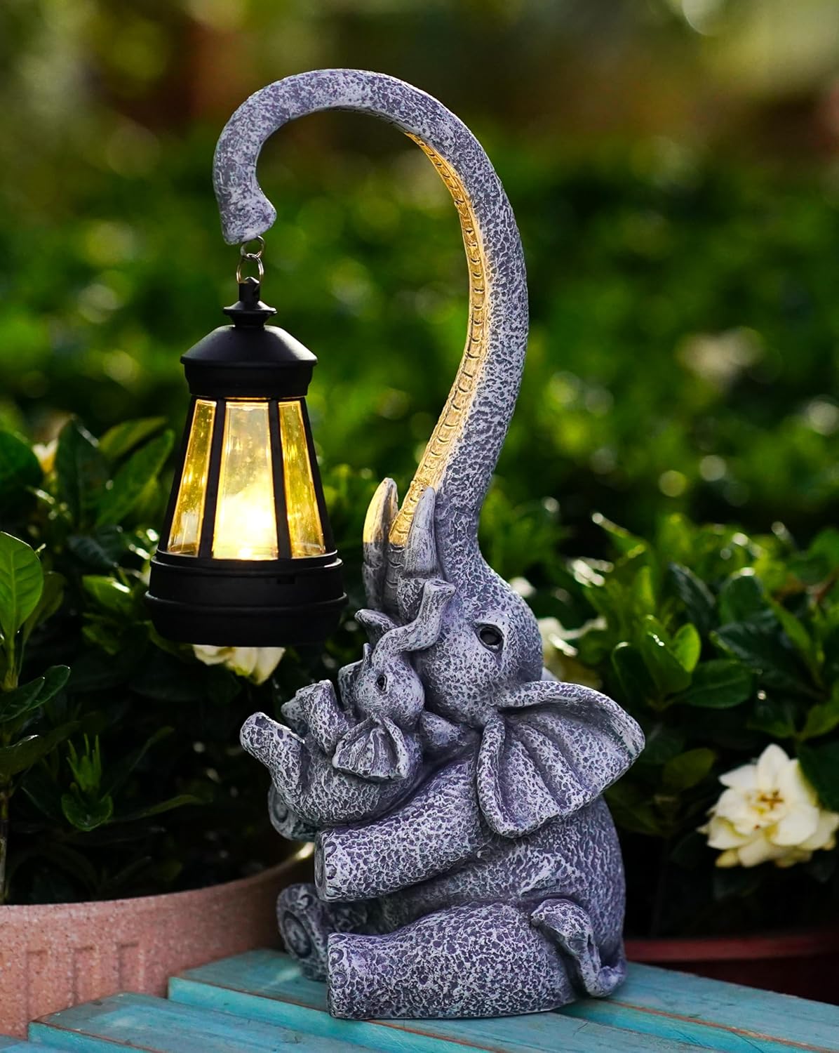 Elephant Outdoor Statues with Cute Baby Garden Decor, Resin Elephant Figurines with Solar Lantern Outdoor Decoration Gifts for Mothers Day, Birthday Day-VerdiqueGarden