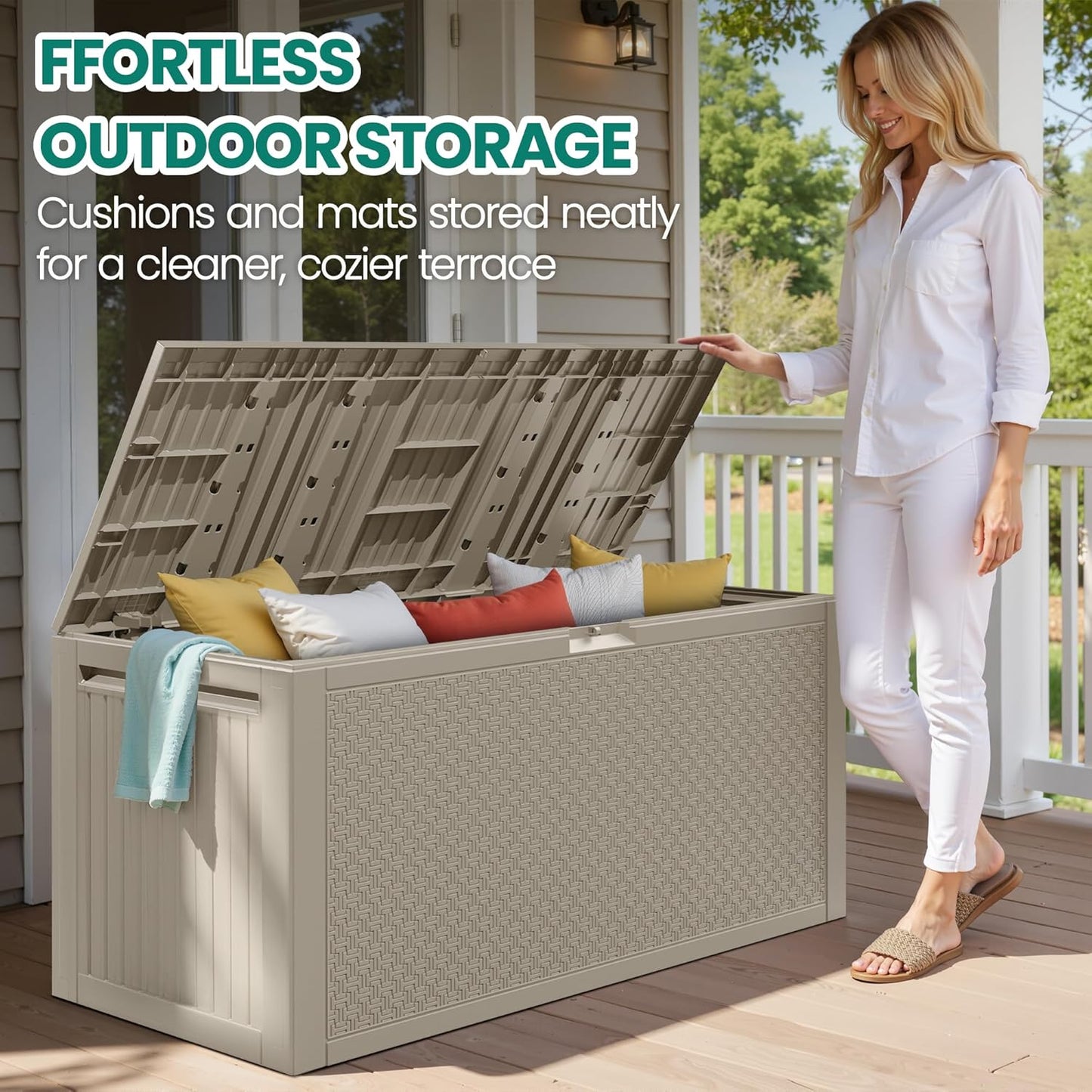 90 Gallon Outdoor Deck Box, Waterproof Outdoor Storage Box, Durable Resin Bin for Patio Cushions, Garden Tools and Pool Accessories, Lockable with UV Protection, Khaki, Patio Furniture-VerdiqueGarden