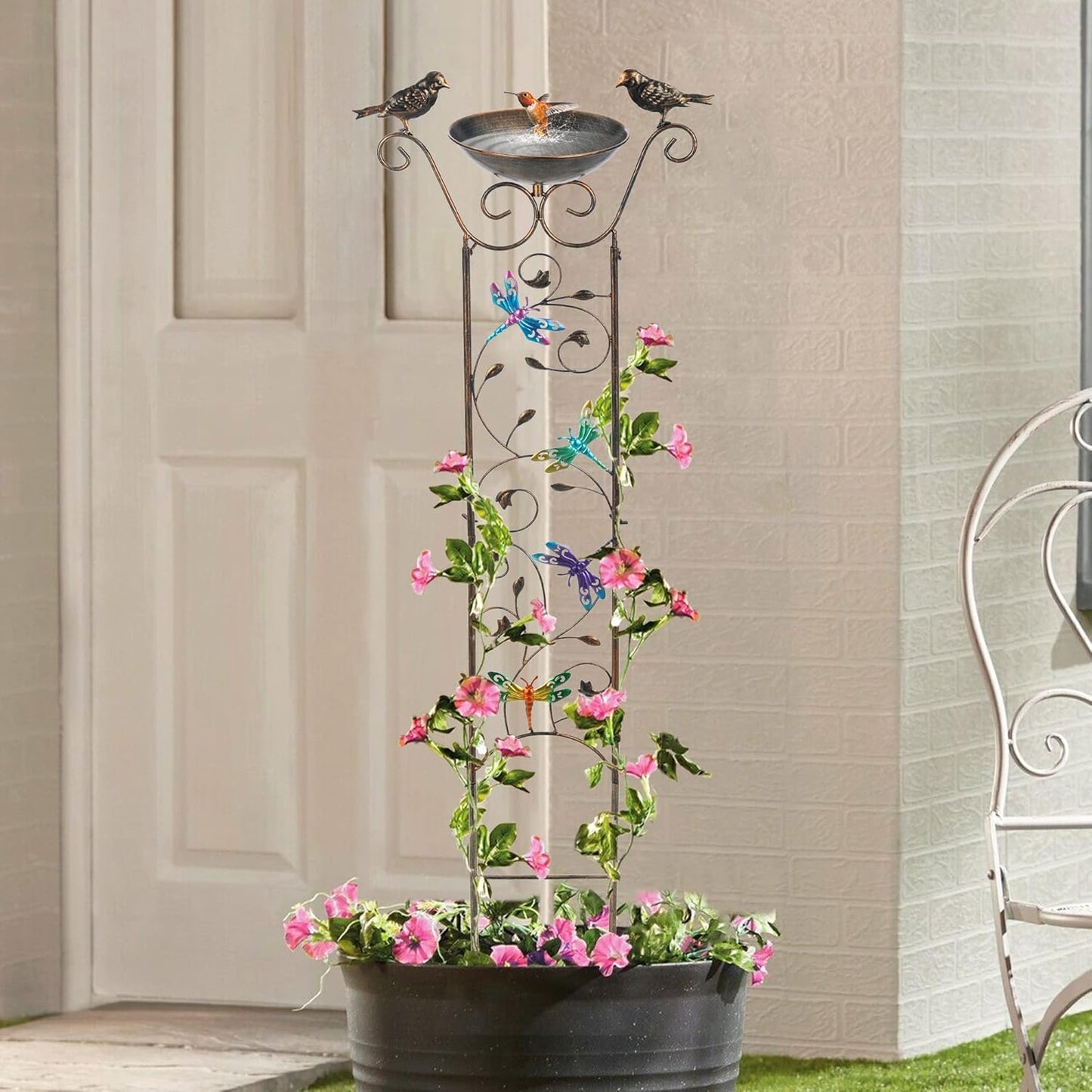 LEWIS&WAYNE Garden Trellis Bird Bath Outdoor, 40 Inch Antique Iron Garden Plant Trellis Decorative with Dragonfly and Detachable Drinking Basin Bowl, Free Standing BirdBath Birdfeeder Station-VerdiqueGarden