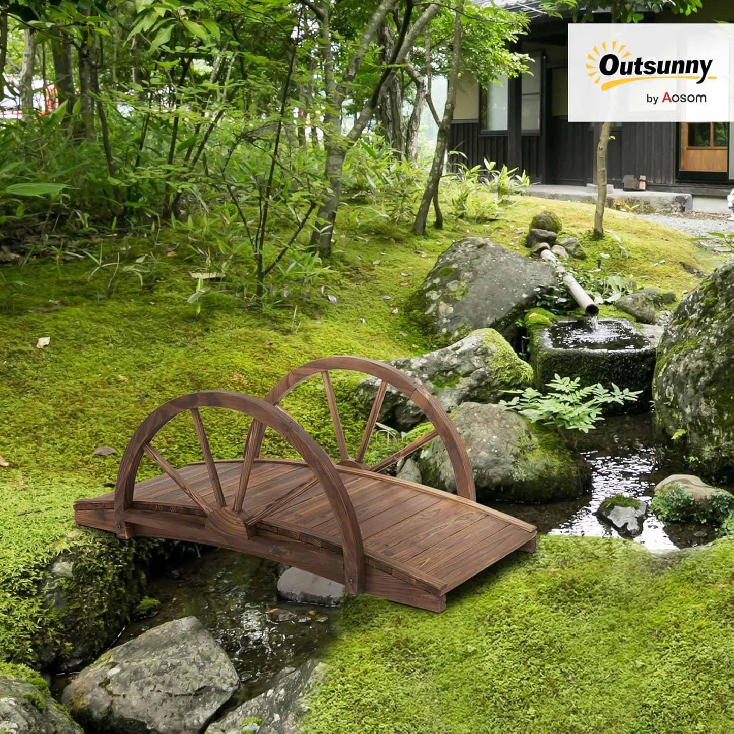 Outsunny 3.3ft Wooden Garden Bridge Arc Footbridge with Half-Wheel Style Railings & Solid Fir Construction, Stained Wood-VerdiqueGarden
