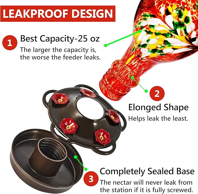 LUJII Hummingbird Feeder for Outdoors, Hand Blown Glass Humming Bird Feeder, Anti Fade Leakproof with 25 Ounces Nectar Capacity, Easy to Install Clean Refill, Include Hook & Ant Moat (Red)-VerdiqueGarden
