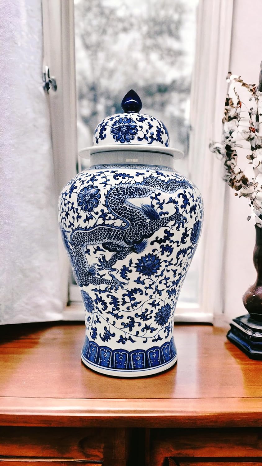 24" Classic Blue and White Dragon Porcelain Ceramic Temple Ginger Jar Vase, Large China Qing Style (Dragon)-VerdiqueGarden
