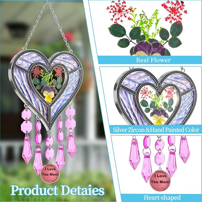 Gifts for Mom Suncatcher Heart Shaped I Love You Mom - Colored Glass Light Catcher Hanging Wind Chime Decorations Window Gifts Mother's Day Valentine's Day Birthday Christmas (Purple)-VerdiqueGarden
