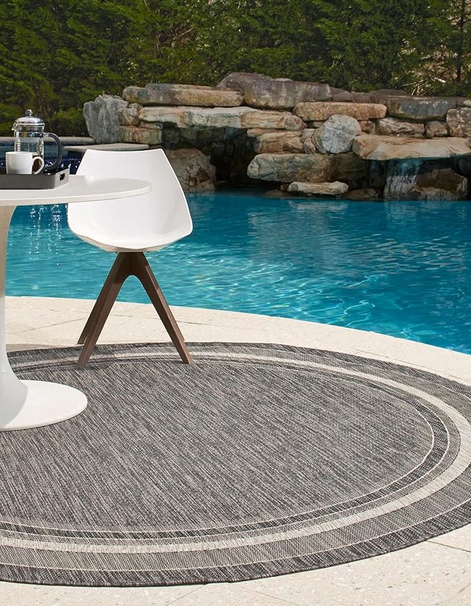 Unique Loom Outdoor Border Collection Area Rug - Soft Border (6' 1" Round Black/Ivory)-VerdiqueGarden
