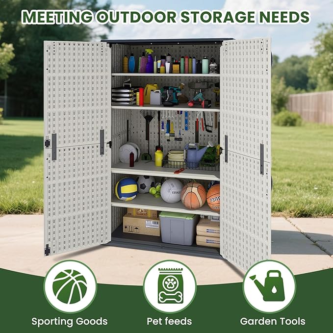 Greesum Outdoor Storage Shed Without Divider, 45 cu.ft Outdoor Waterproof Storage Cabinet for Garden Tools, Pool Storage, Garbage Cans, Beige-VerdiqueGarden