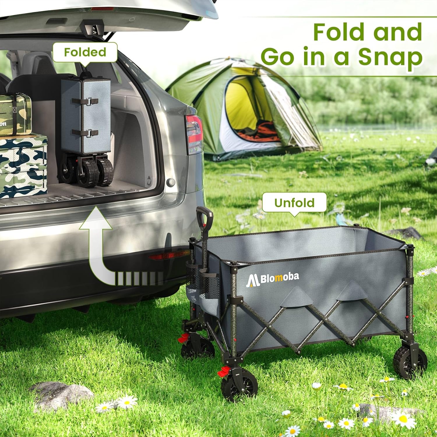 Collapsible Wagon Cart with Wider Wheels, 330lbs Heavy Duty Foldable Beach Wagon with Auto-Rebound Handle, 180L Utility Grocery Shopping Cart for Garden, Shopping, Camping, Sports, Gray-VerdiqueGarden