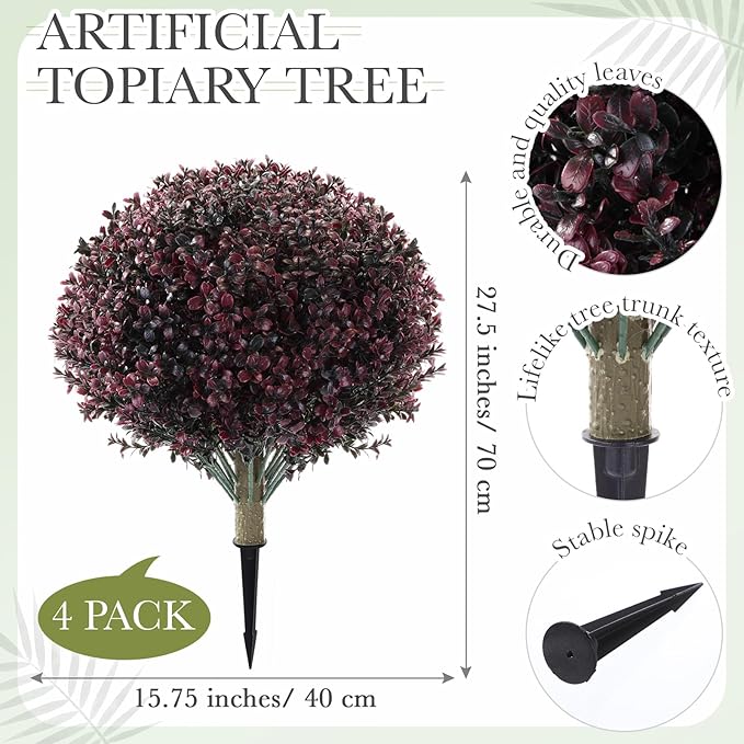 Yunlly 4 Pack 18" Artificial Boxwood Ball Bush Topiary Trees Fake Outdoor Plants, Realistic UV Resistance Faux Shrubs with Spike Greenery Topiary for Front Porch Garden Yard Patio Indoor (Dark Purple)-VerdiqueGarden