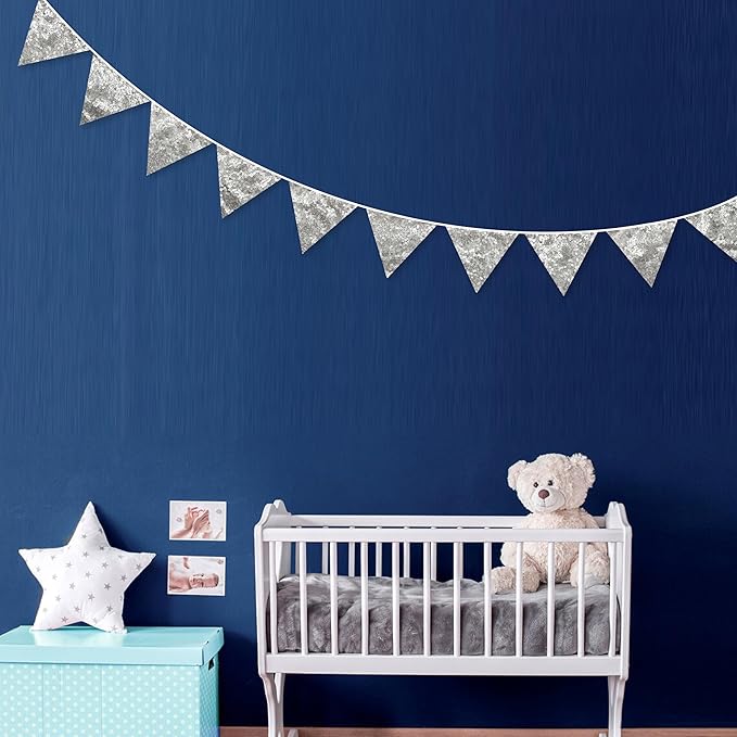 Pinkblume Double Sided Sequin Fabric Triangle Pennant Banner Flag Bunting Garland for Silver Theme Nursery Classroom Home Bedroom Wall Holiday Christmas Decor-VerdiqueGarden