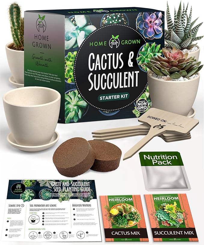 HOME GROWN Succulent & Cactus Seed Kit for Planting – [Enthusiasts Favorites] Premium Cactus & Succulent Starter Kit: 4 Planters, Drip Trays, Markers, Seeds Mix, Soil - DIY Gift Kits-VerdiqueGarden