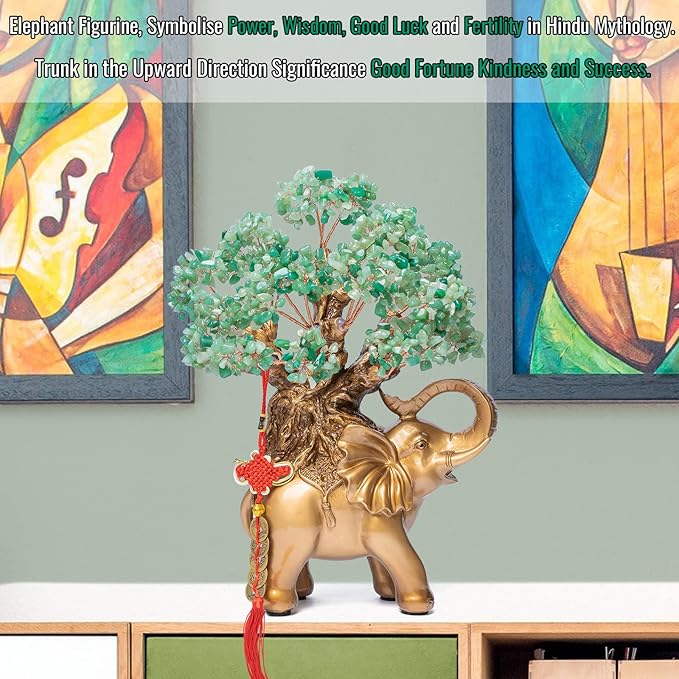 Green Aventurine Crystal Money Tree on Gold Elephant Statue, 17”Large Gemstone Bonsai Tree of Life Home Décor Gifts for Wealth Positive Energy, Feng Shui Décor-VerdiqueGarden