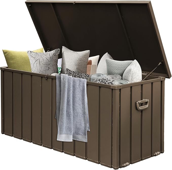 Domi Deck Box 150 Gallon, Waterproof Lockable Steel Outdoor Storage Container for Outside Cushions, Garden Tools and Pools Equipment, Brown-VerdiqueGarden