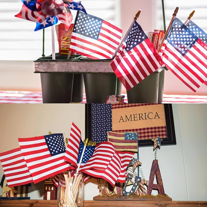 100pcs Small American Flags on Stick, Handheld 8 x 5.5 Inchs Mini American Flags with Kid-Safe Golden Spear Top, US Flags for 4th of July Decorations Outdoor, Independence Day Decorations-VerdiqueGarden