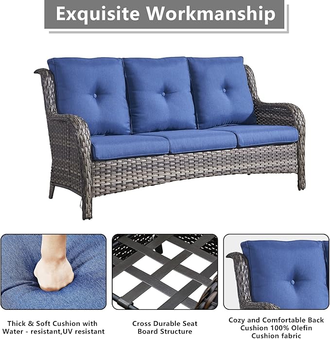 Outdoor Wicker Patio Furniture Set - 6 Piece Rattan Patio Conversation Set with 2 Rocking Swivel Chairs,2 Ottomans,1 Sofa and 1 Coffee Table for Porch Deck Backyard Garden(Mixed Grey/Blue)-VerdiqueGarden