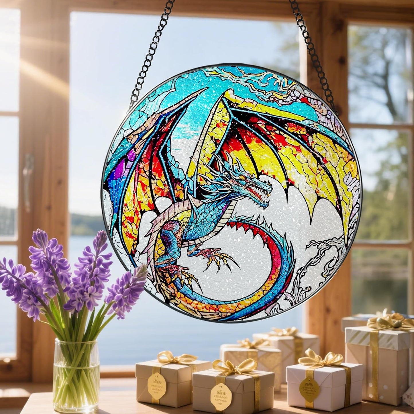 Stained Glass Window Hanging, Stained Glass Suncatcher, Dragon Sun Catcher, Window Decor, Dragon Lover Gift, Gifts for Fathers Day, Christmas or Birthday Gift, Gifts for Him Dad Grandfather Son-VerdiqueGarden