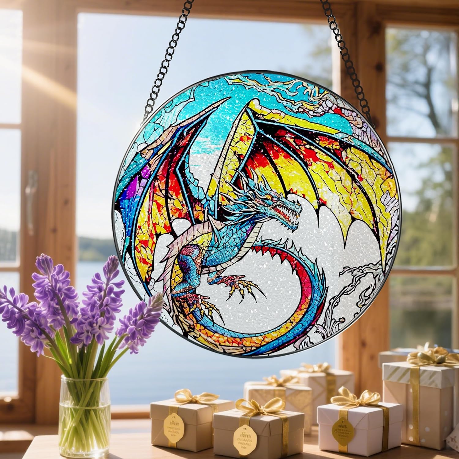 Stained Glass Window Hanging, Stained Glass Suncatcher, Dragon Sun Catcher, Window Decor, Dragon Lover Gift, Gifts for Fathers Day, Christmas or Birthday Gift, Gifts for Him Dad Grandfather Son-VerdiqueGarden