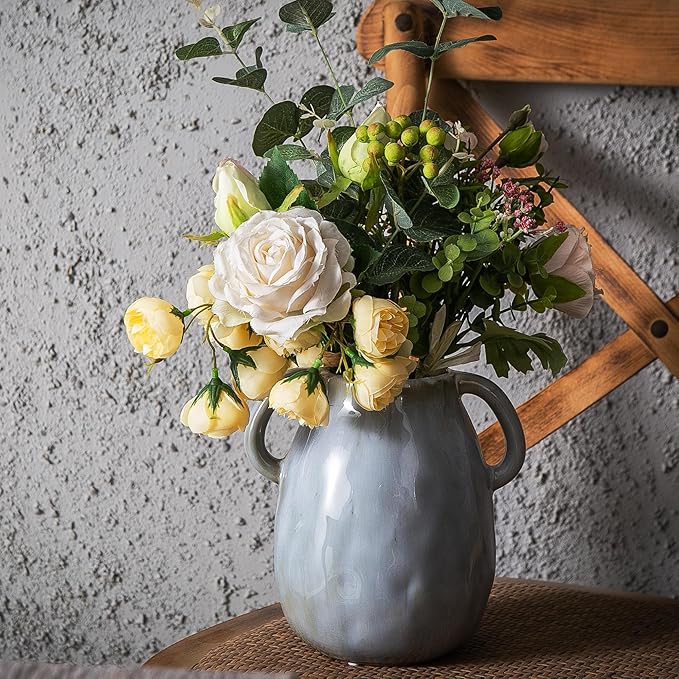 Kimdio Ceramic Vase with 2 Handles, Modern Farmhouse Grey Vase for Home Decor, Rustic Pottery Vase, Boho Decorative Terracotta for Flowers, Clay Pampas Grass Vases for Living Room Dining Table Shelves-VerdiqueGarden