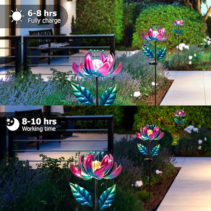 Solar Purple Metal Flower Wind Spinners, Colorful Spinning Windmill Lotus Yard Art Lights Wind Pinwheels with LED Crystal Ball Decorative Stake Lighting Flower Sculpture-VerdiqueGarden