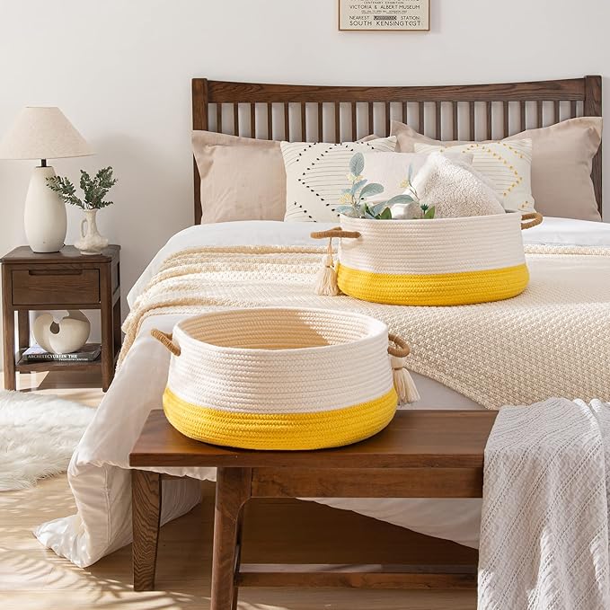 KAKAMAY Woven Baskets for Storage(16"x8"),Blanket Basket for Organizing Living Room,Cotton Rope Basket Woven Baby Laundry Hamper,Collapsible Laundry Room Organization,Clothes,Toy Chest(Yellow)-VerdiqueGarden