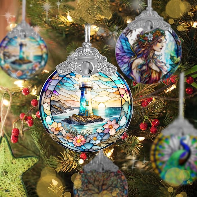 Stained Glass Suncatcher, Jocidea Lighthouse Ornament, Christmas Ornaments, Holidays Ornaments, Christmas Tree Decor, Lighthouse Decor for Home, Lighthouse Gifts-VerdiqueGarden