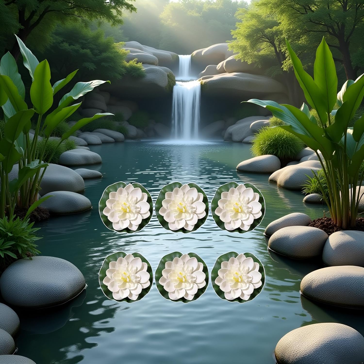 6 Pcs White Artificial Lotus Flowers Large Floating Lotus Faux Water Lily Flowers Fish Pond Artificial Plants with Artificial Lily Pads, Artificial Plants, Lotus Flower, Decorations-VerdiqueGarden