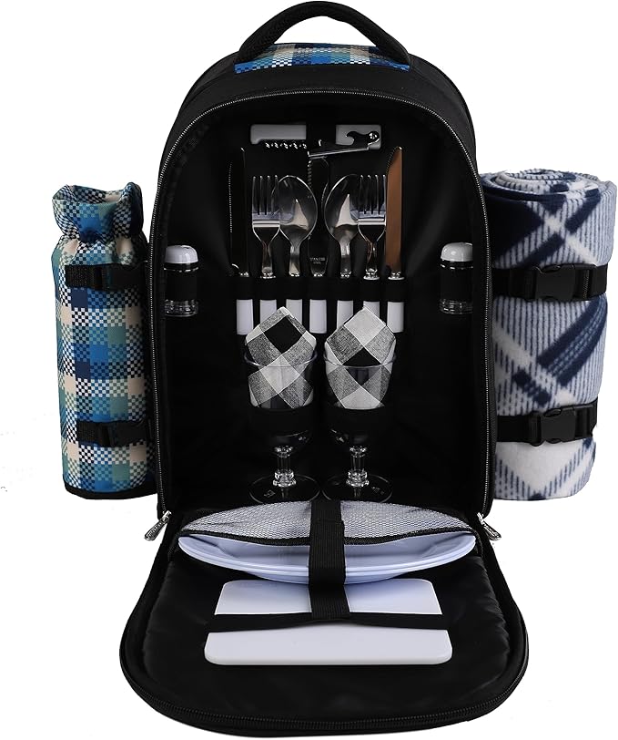 apollo walker Picnic Backpack Bag for 2 Person with Cooler Compartment, Detachable Bottle/Wine Holder, Fleece Blanket, Plates and Cutlery Set-VerdiqueGarden