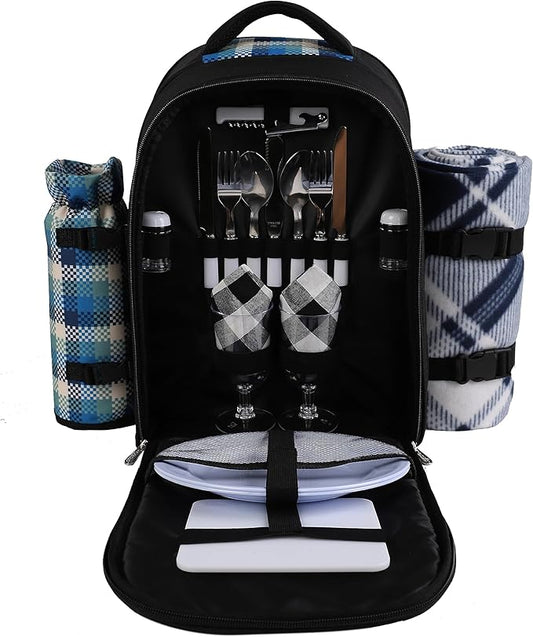 apollo walker Picnic Backpack Bag for 2 Person with Cooler Compartment, Detachable Bottle/Wine Holder, Fleece Blanket, Plates and Cutlery Set-VerdiqueGarden
