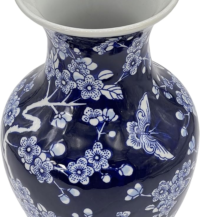 Galt International Dark Blue Floral Chinoiserie Ceramic Vase 14"- Hand Painted Antique Style Porcelain Butterfly & Flower Bottle Fishtail Porcelain Chinese Vase for Home Decor Centerpiece-VerdiqueGarden