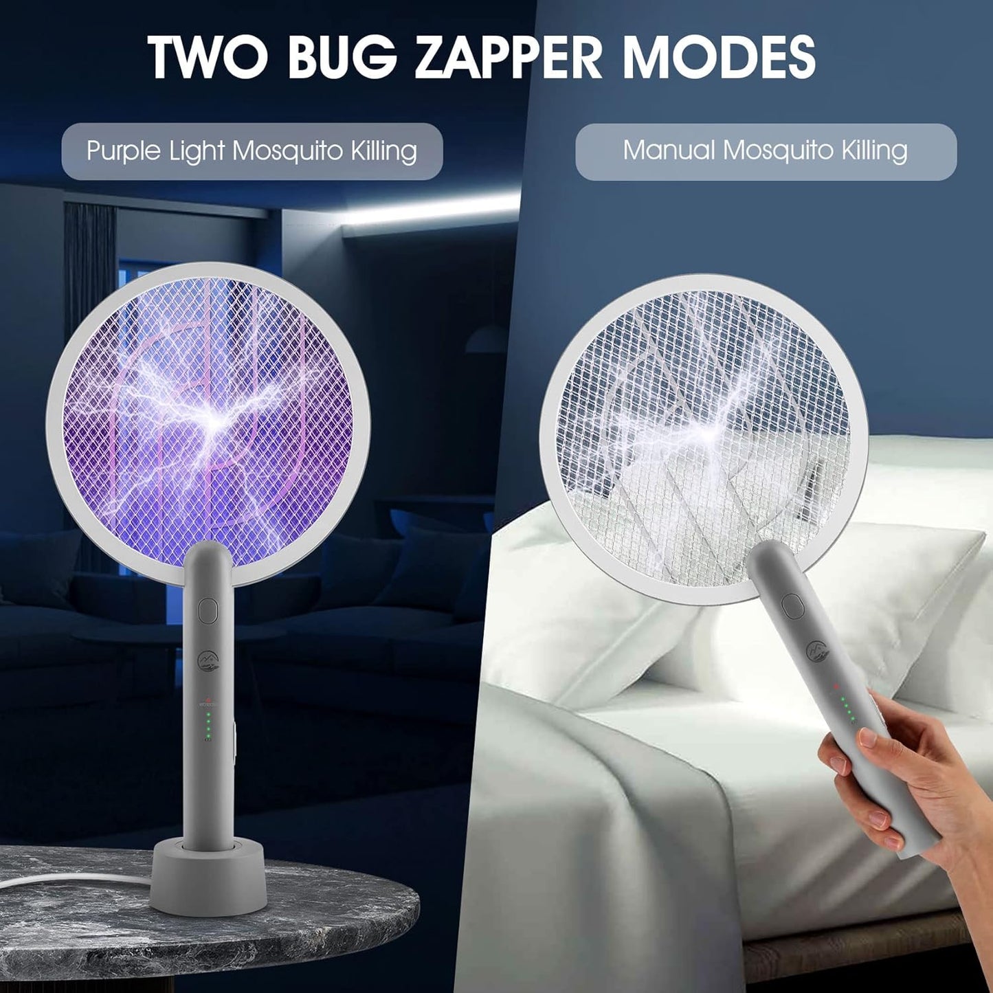 Electric Fly Swatter Racket, 2 in 1 Bug Zapper with USB Rechargeable Base, 4000 Volt Mosquito Killer with 3-Layer Safety Mesh for Pest Insect Control for Indoor、Office、Backyard、Camping（Gray-2 Pack）-VerdiqueGarden